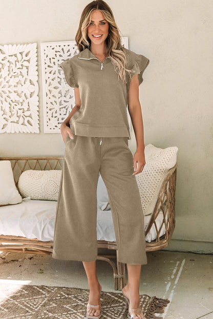 Pale Khaki Textured Flutter Sleeve Top Wide Leg Pants Set