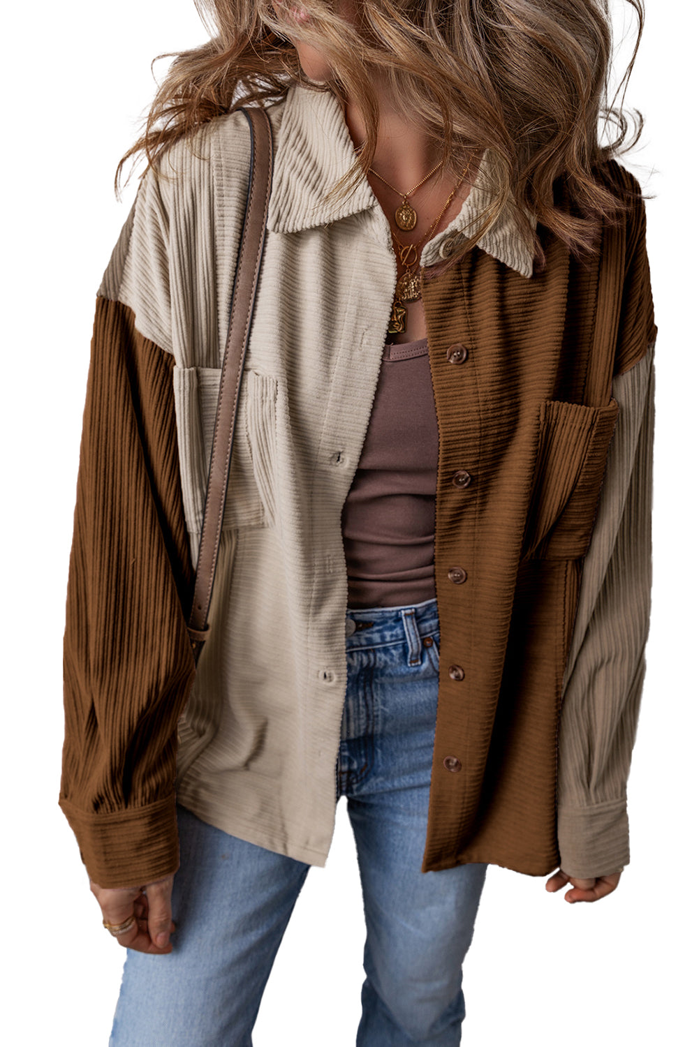 Brown Color Block Chest Pockets Buttoned Corduroy Shacket