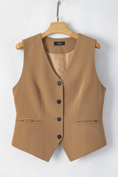 Chestnut Solid Color Button up V Neck Suit Vest