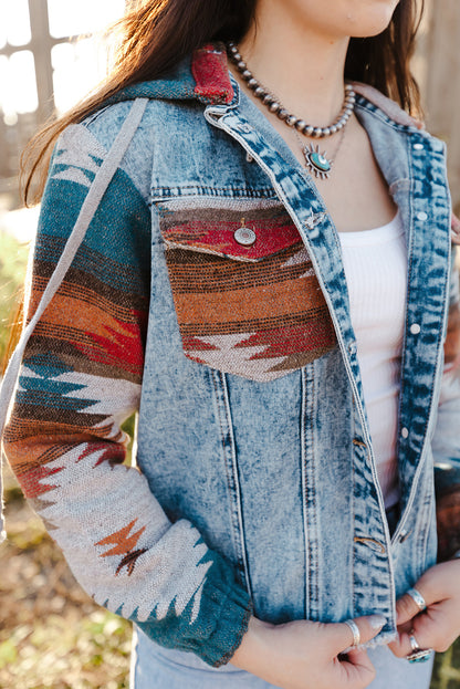 Multicolor Aztec Print Frayed Hem Denim Jacket