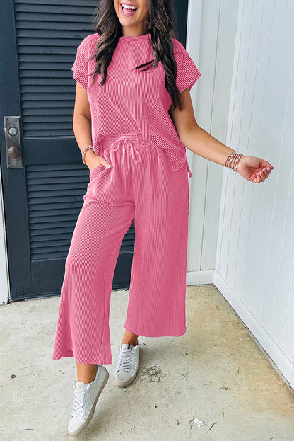 Bright Pink Solid Corded Knit Short Sleeve T Shirt and Wide Leg Pants Set