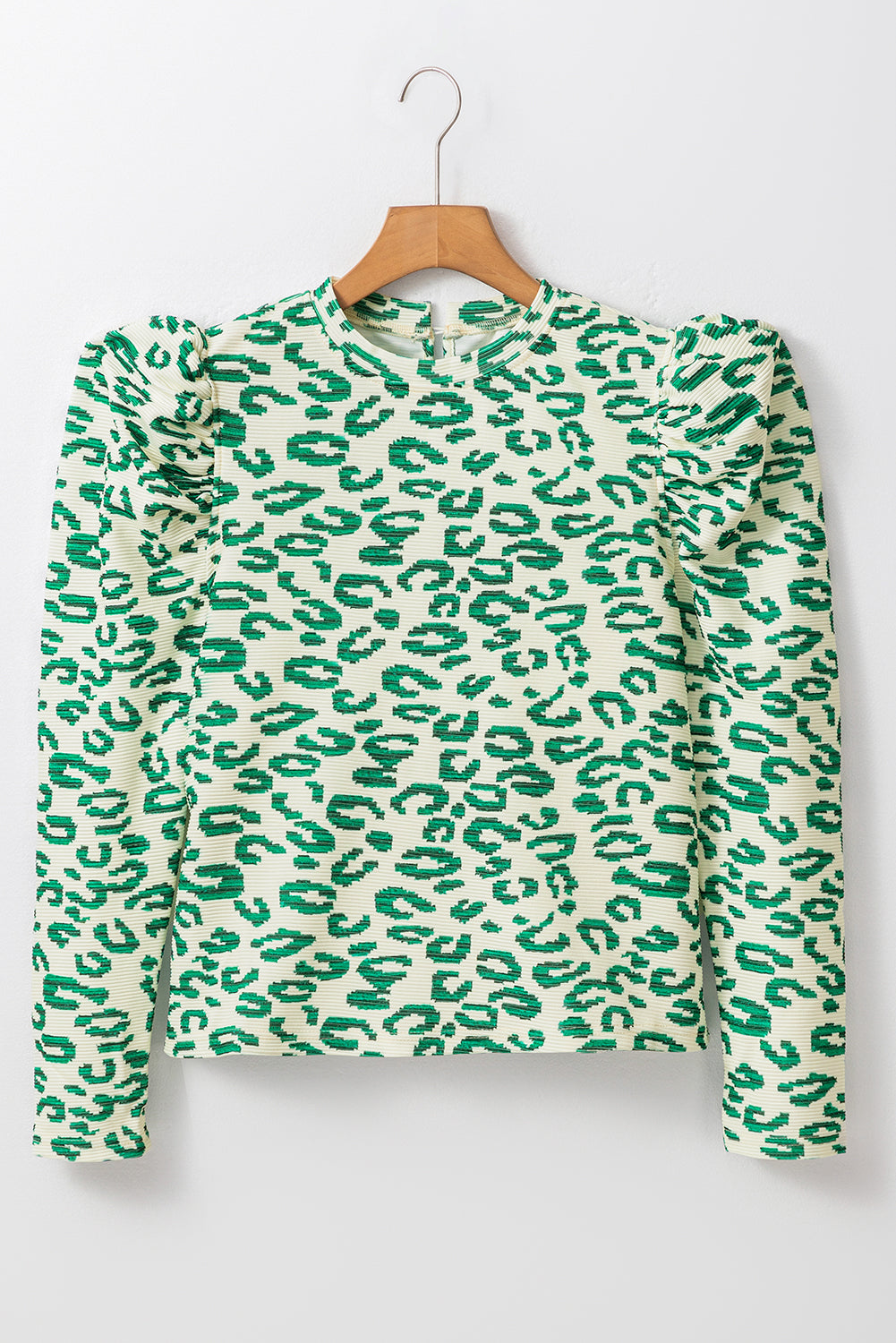 Blackish Green Leopard Print Mock Neck Puff Sleeve Top