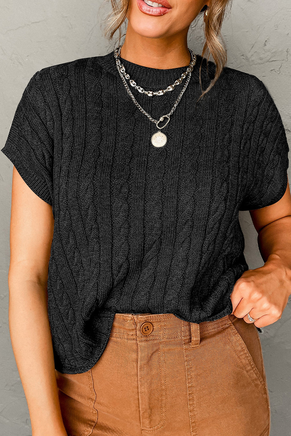 Black Crew Neck Cable Knit Short Sleeve Sweater