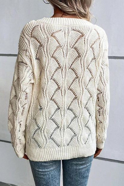 Beige Hollow Out Knit V Neck Drop Shoulder Sweater