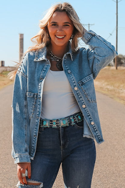 Sky Blue Studded Acid Wash Denim Jacket