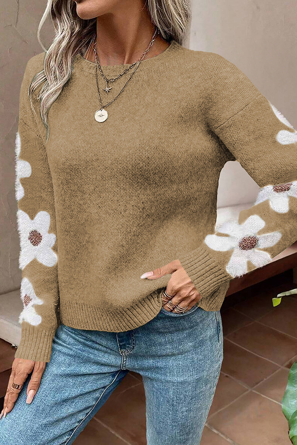 Jet Stream Flower Sleeve Drop Shoulder Sweater