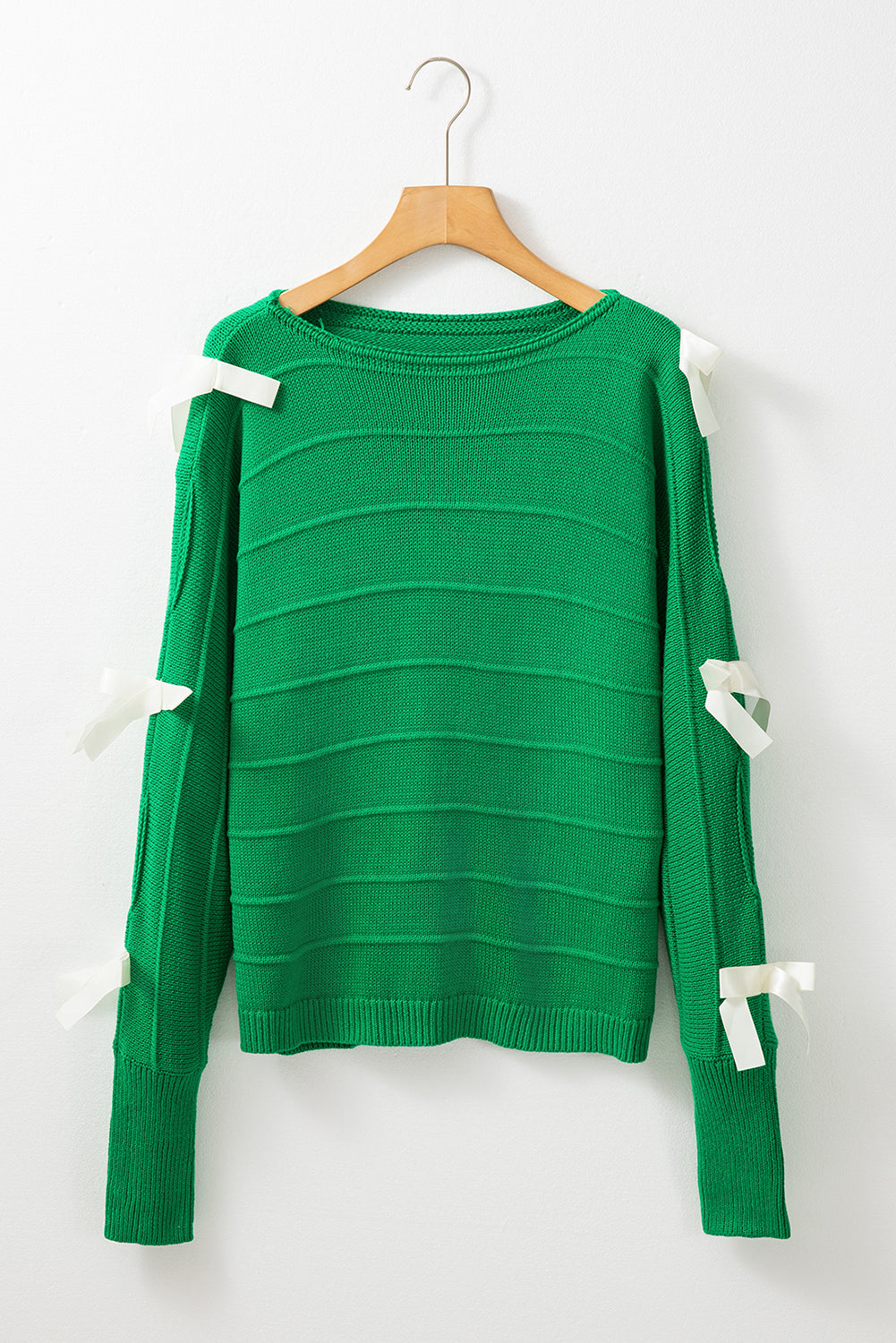 Bright Green Bow Knot Cut Out Round Neck Loose Sweater