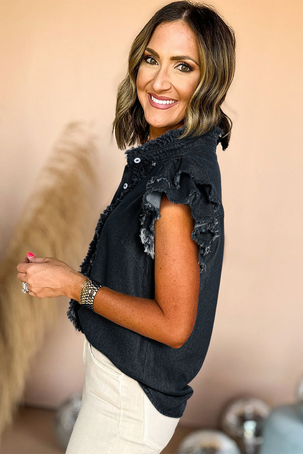 Black Button Front Ruffled Flutter Frayed Denim Top