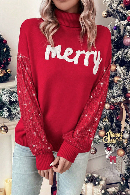 Racing Red Merry Graphic Sequin Sleeve Turtleneck Sweater