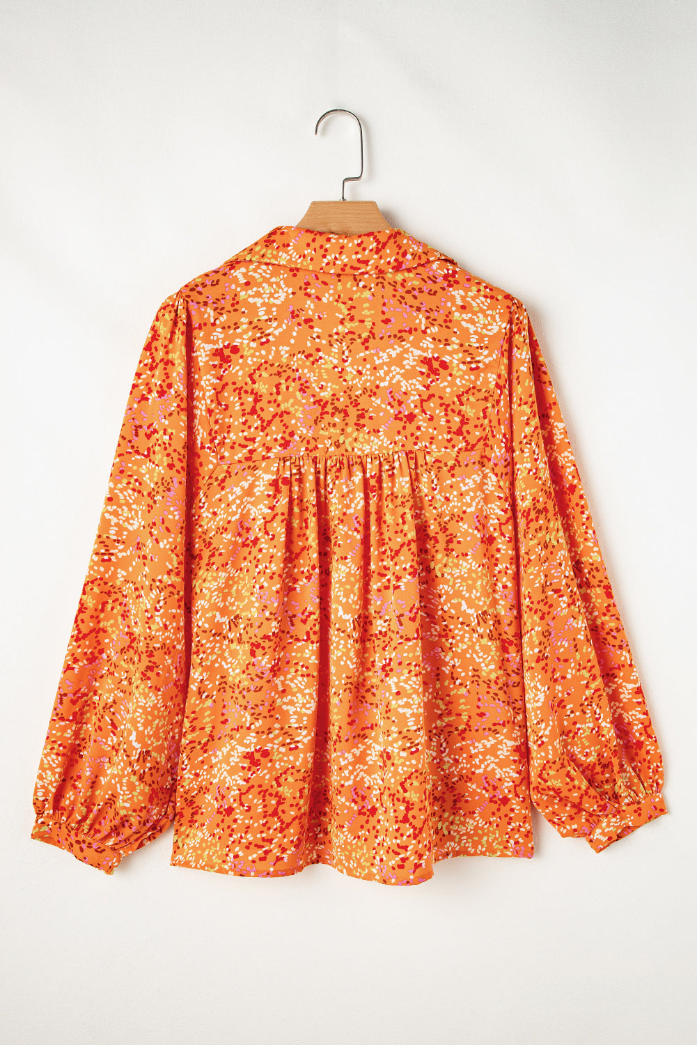 Orange Abstract Print Collared V Neck Babydoll Blouse