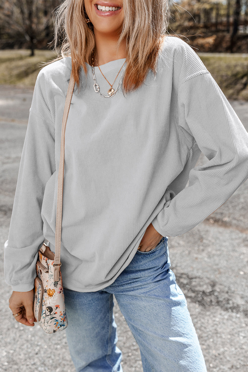 Light Grey Ribbed Corduroy Oversized Sweatshirt