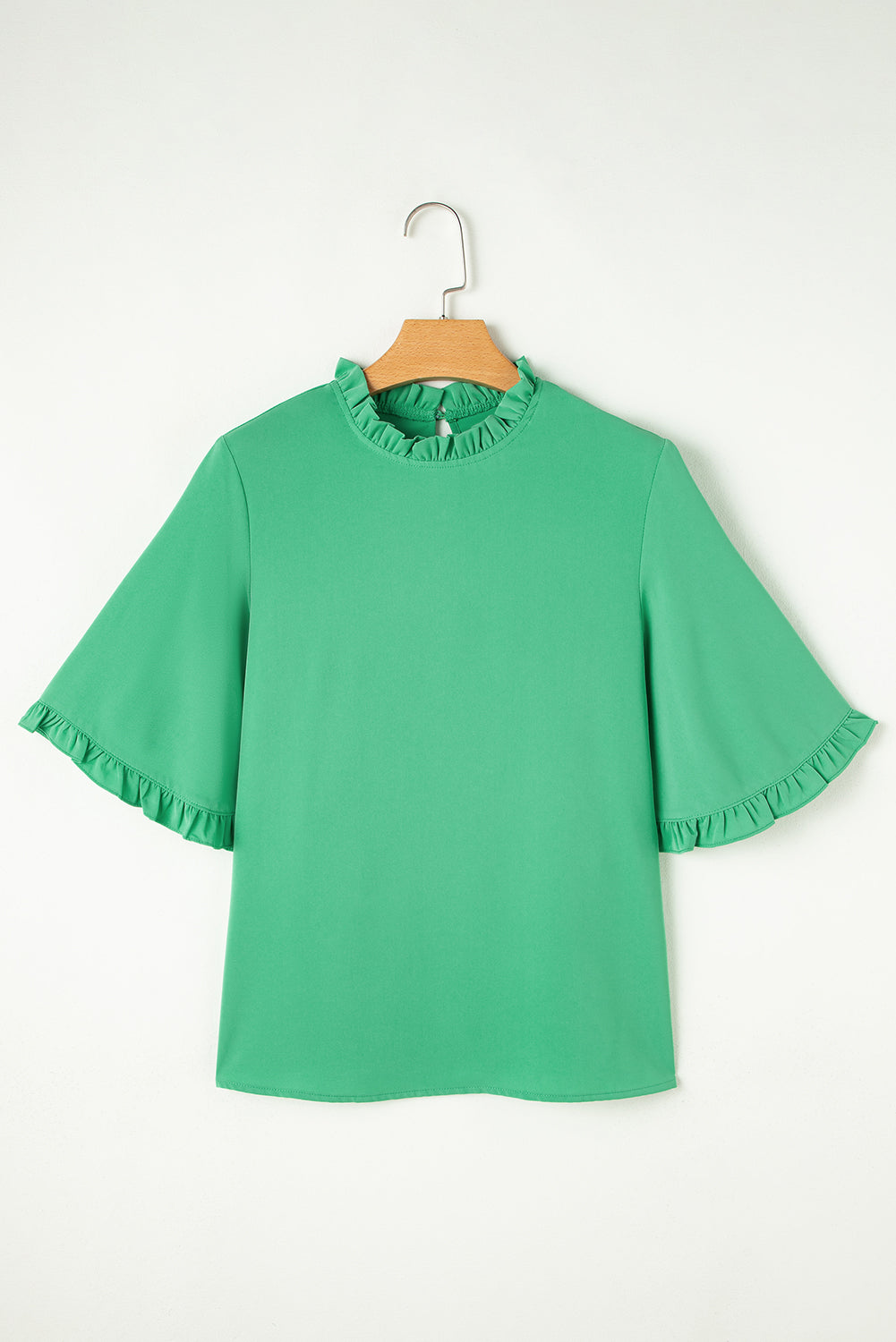 Green Frilly Round Neck Wide Half Sleeve Blouse