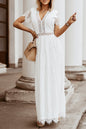 White V Neck High Waist Lace Maxi Dress