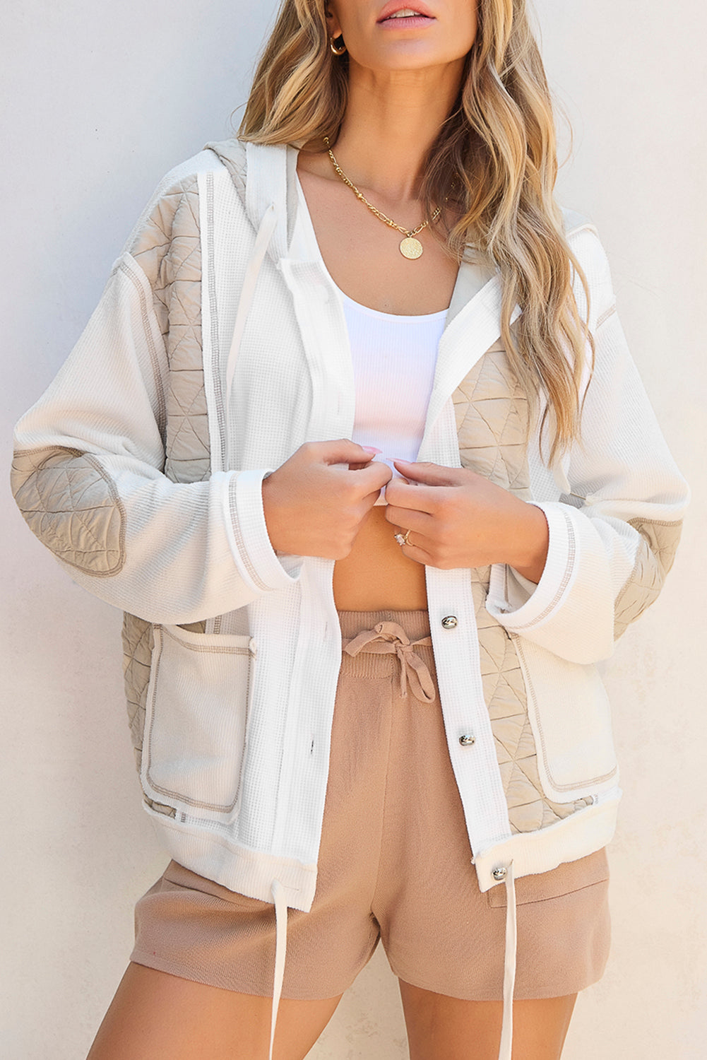 Beige Quilted Textured Patchwork Loose Fit Hooded Jacket