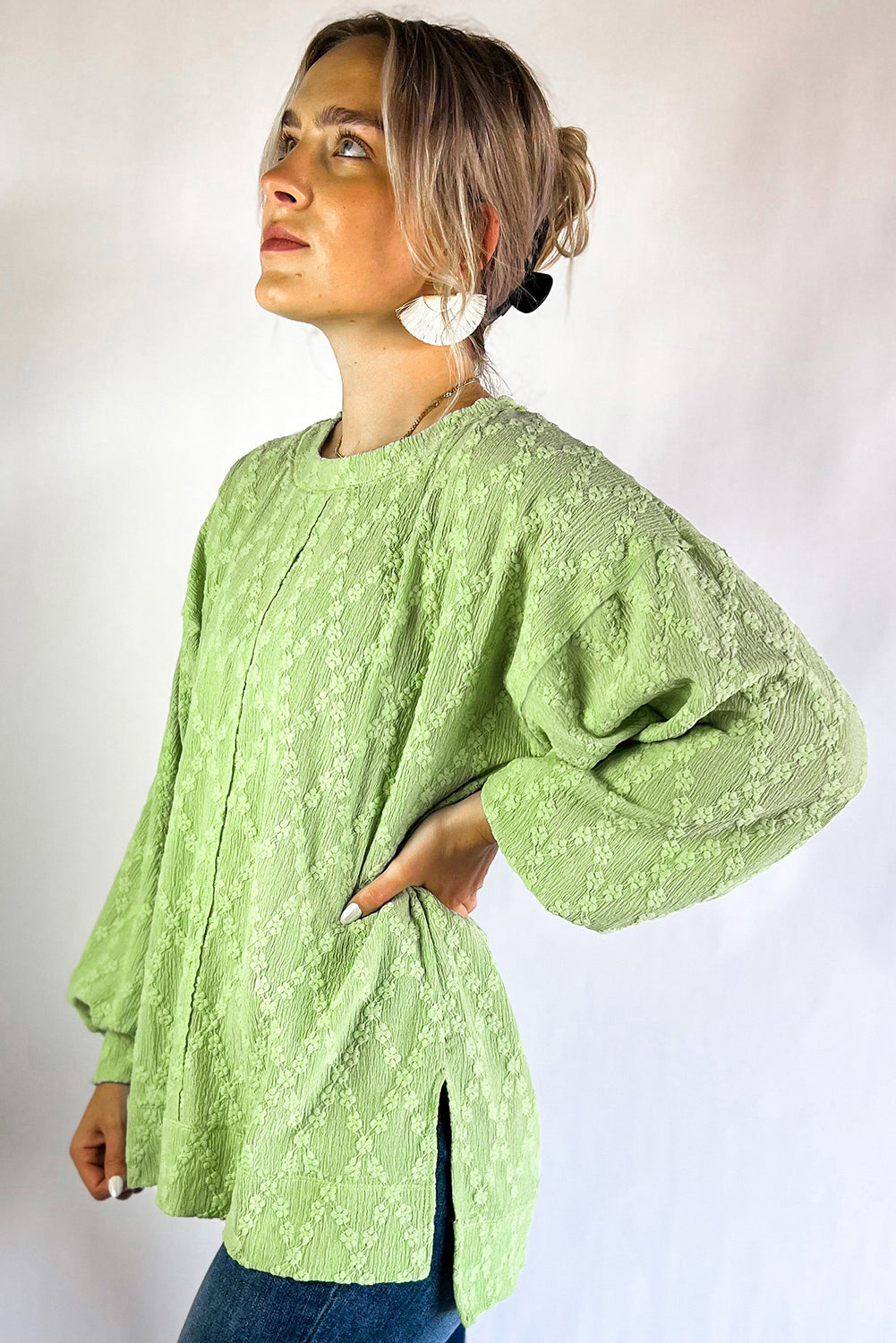 Light Green Solid Color Textured Side Split Crew Neck Blouse