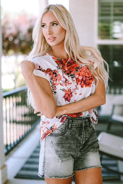 Fiery Red Floral Short Sleeve Round Neck Blouse