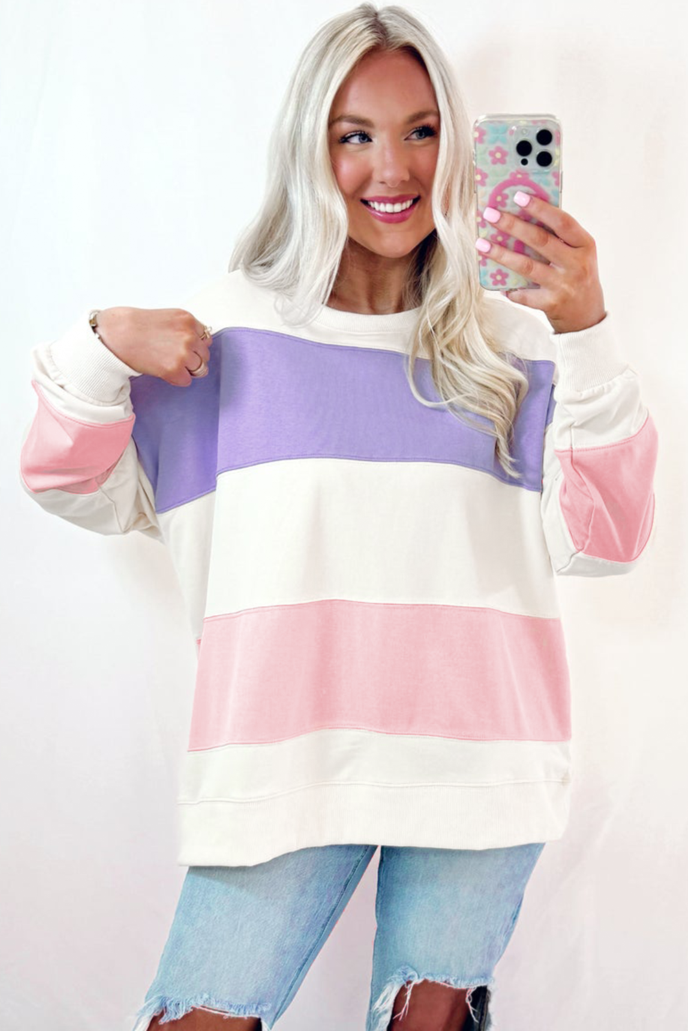 Beige Colorblock Patchwork Drop Shoulder Crewneck Sweatshirt