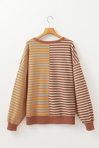 Brown Stripe Colorblock Drop Shoulder Oversize Sweatshirt