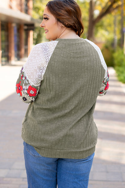 Vineyard Green Plus Size Textured Floral Patchwork Raglan Sleeve Blouse