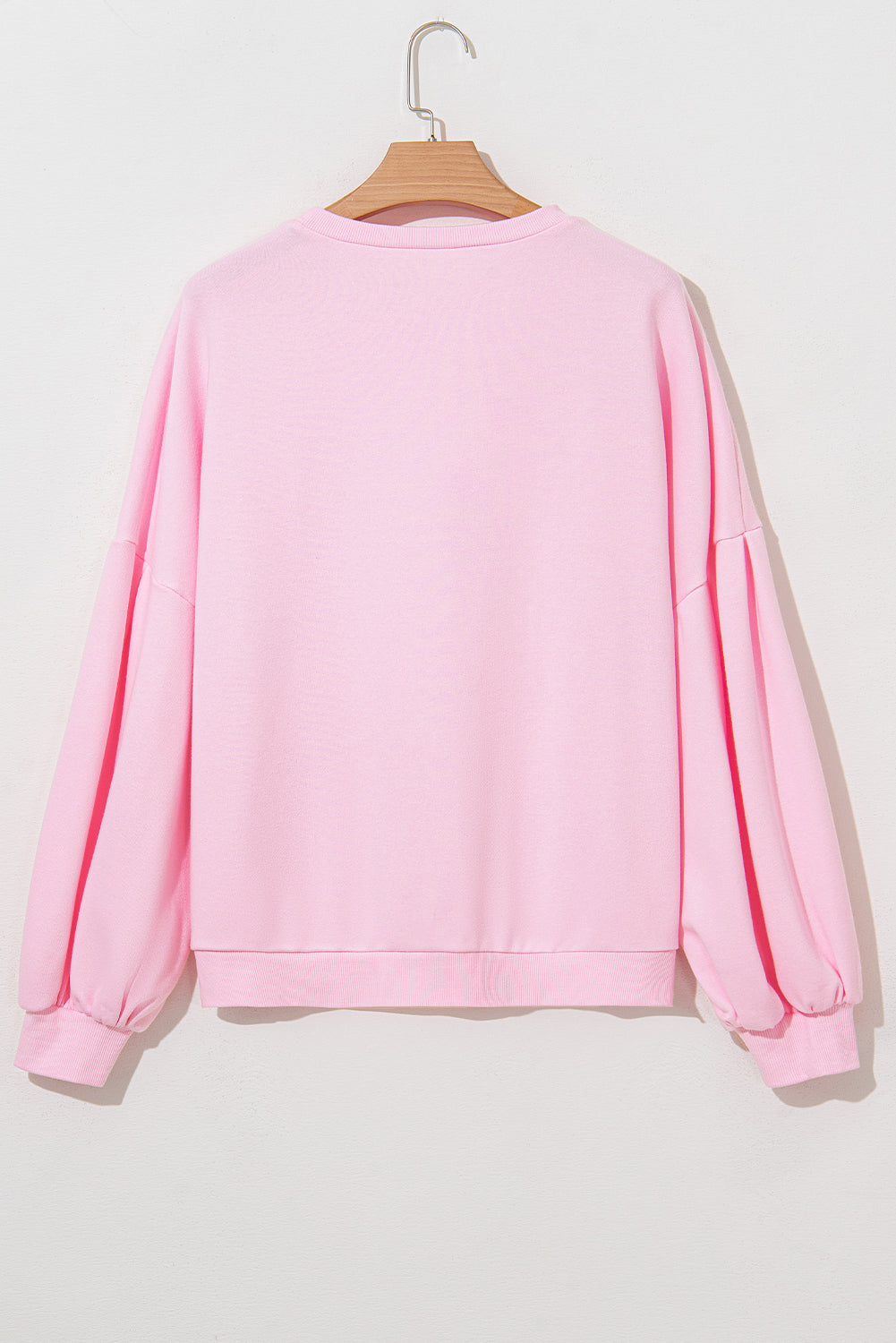 Light Pink Embroidered Bow Lantern Sleeve Oversized Pullover Sweatshirt