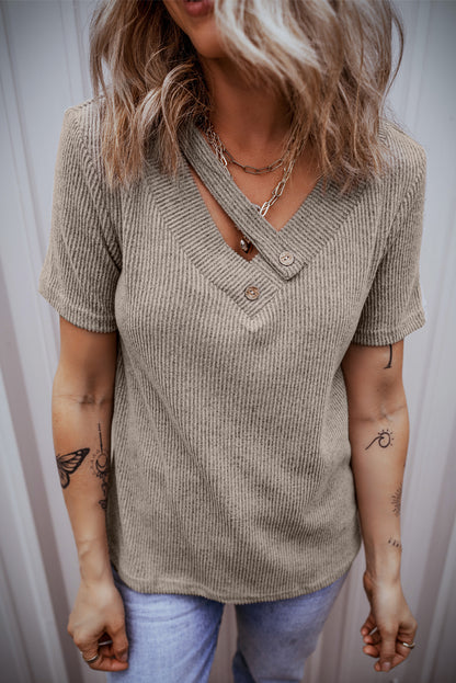 Pale Khaki Ribbed Buttoned Strappy V Neck Tee