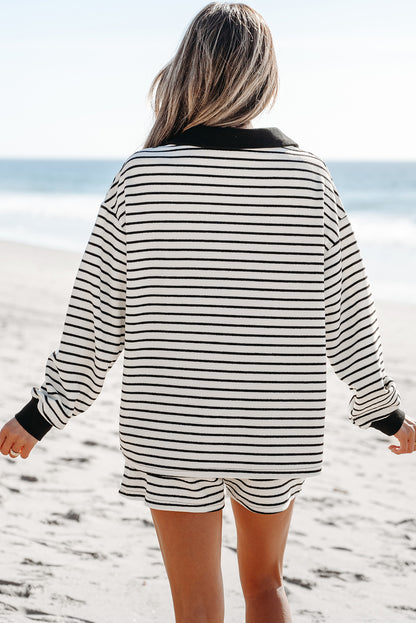 Black Stripe Collared Long Sleeve Top and Drawstring Shorts Set