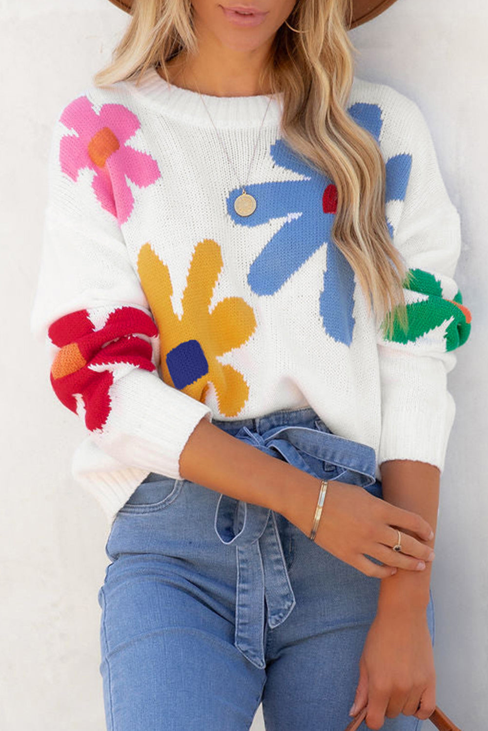 White Colorful Big Flower Pattern Crewneck Sweater