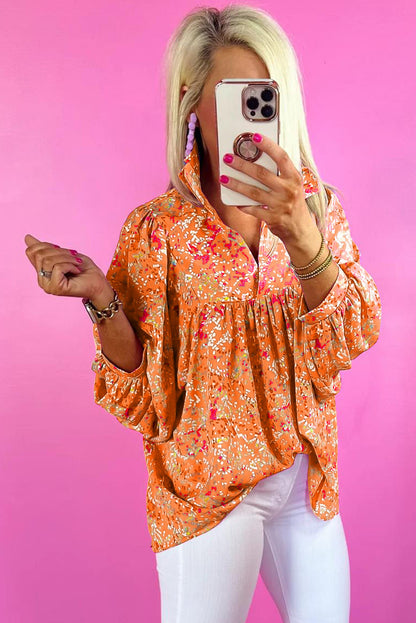 Orange Abstract Print Collared V Neck Babydoll Blouse