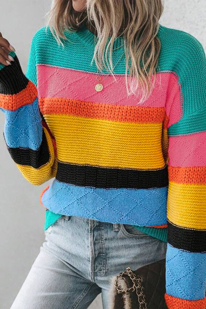 Light Blue Colorblock Mixed Textured Drop Shoulder Sweater