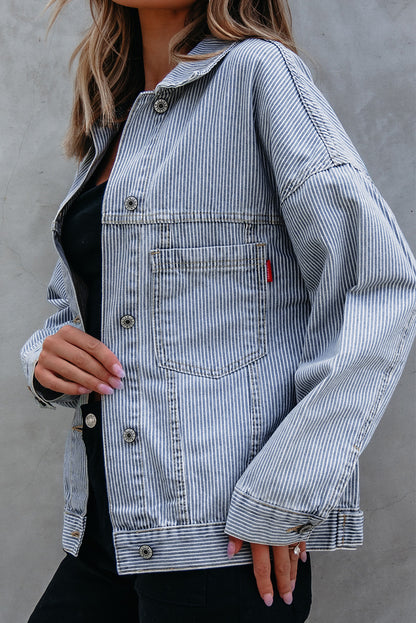 Sky Blue Stripe Washed Oversize Pocketed Denim Jacket