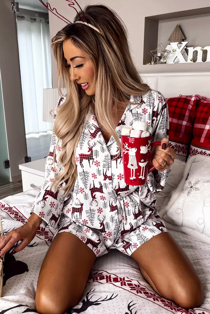 White Christmas Deer Printed Shirt and Shorts Lounge Set