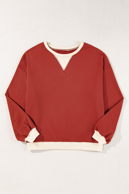 Red Clay Color Block Patch Drop Shoulder Oversized Sweatshirt