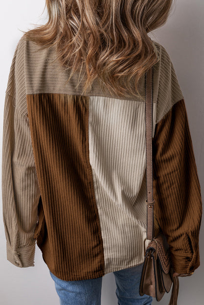 Brown Color Block Chest Pockets Buttoned Corduroy Shacket