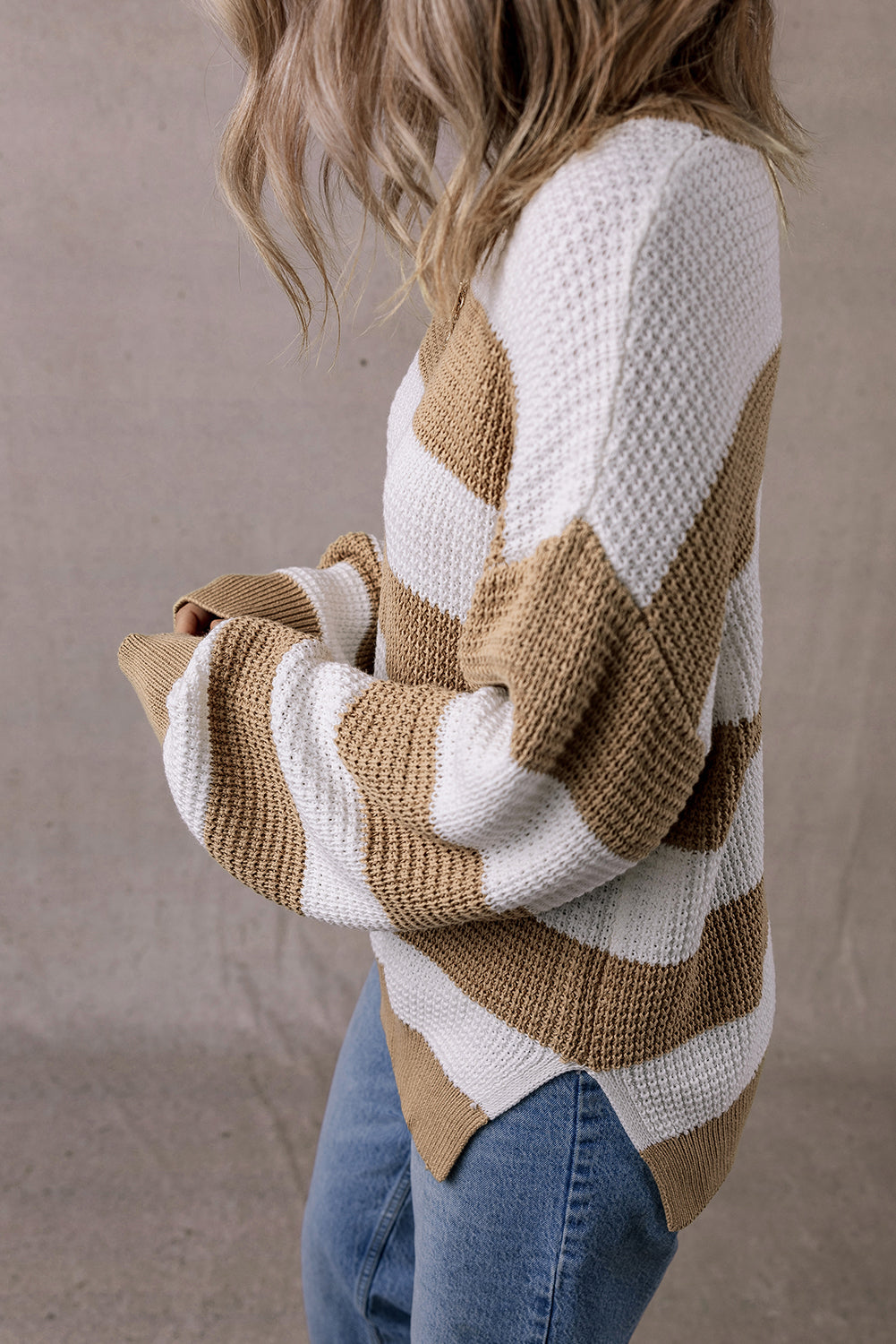 Light French Beige Colorblock Striped Drop Shoulder Side Slit Sweater