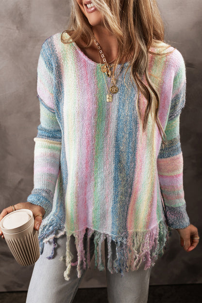 Purple Color Block Fringed Drop Shoulder Tunic Sweater