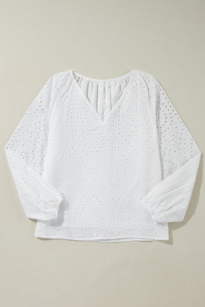 White Eyelet Embroidered V Neck Puff Sleeve Blouse