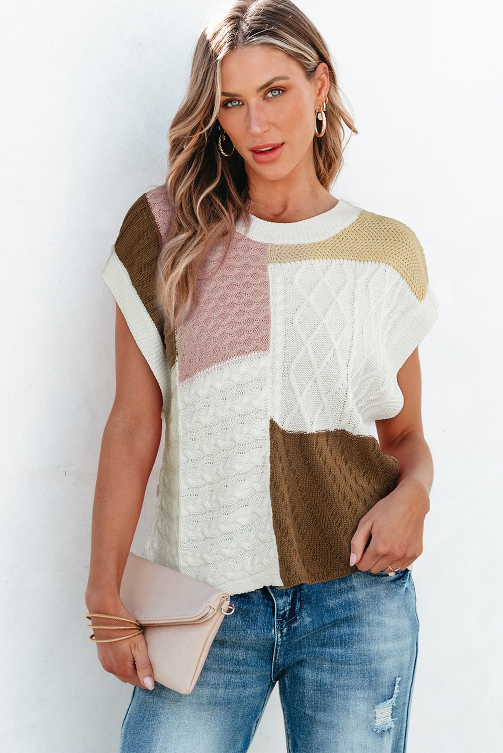 Multicolor Colorblock Mix Textured Sweater Tee