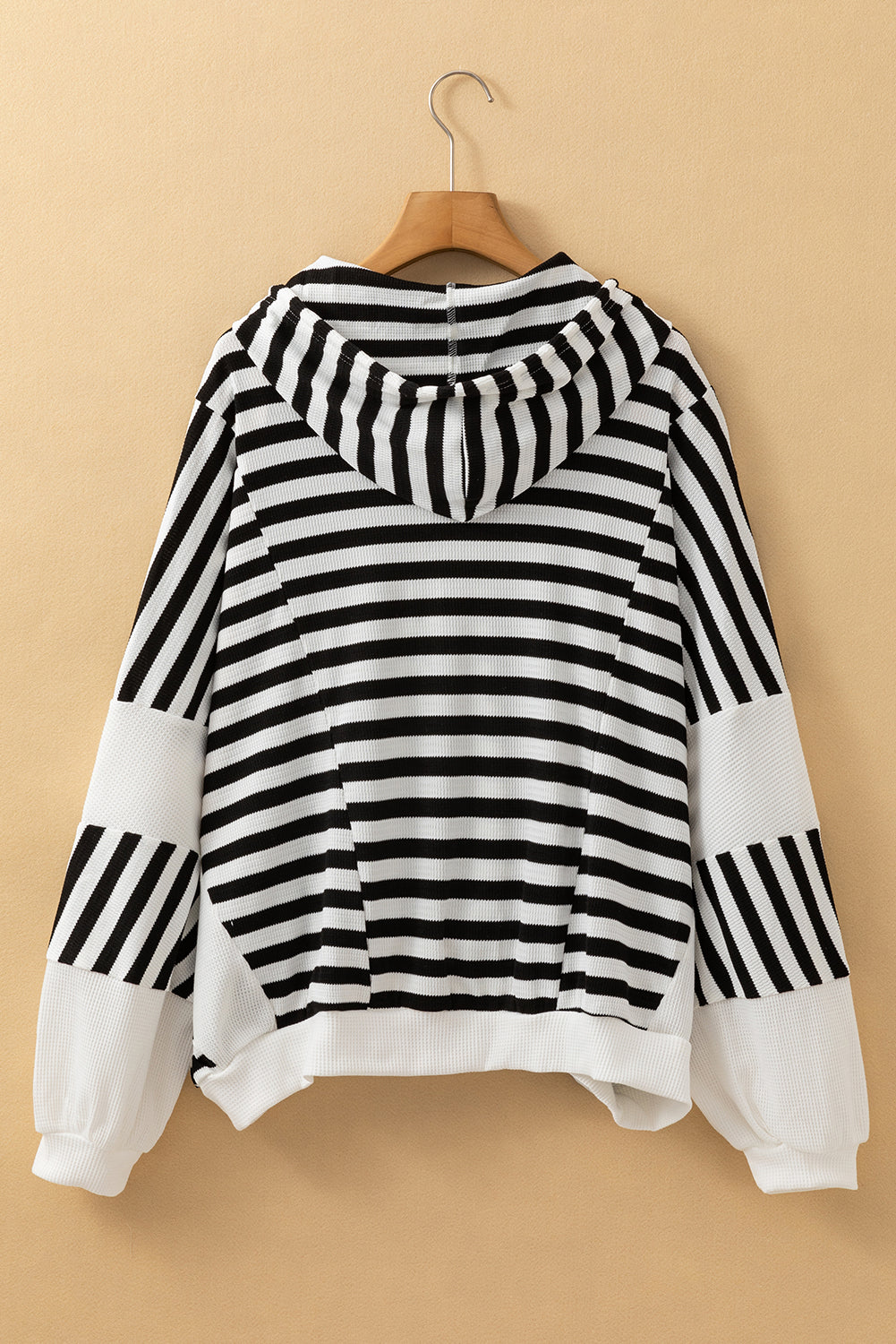 Black white Oversized Striped Henley Buttons Dolman Sleeve Hooded Top