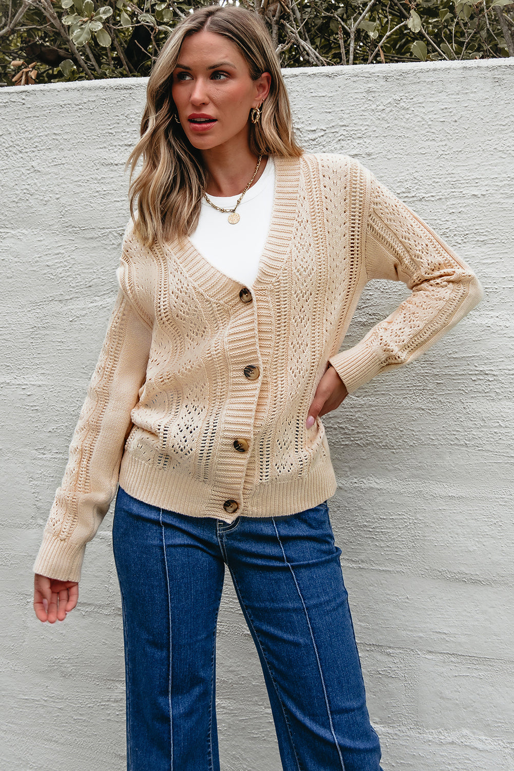 Beige Open Knit Drop Shoulder Sweater Cardigan