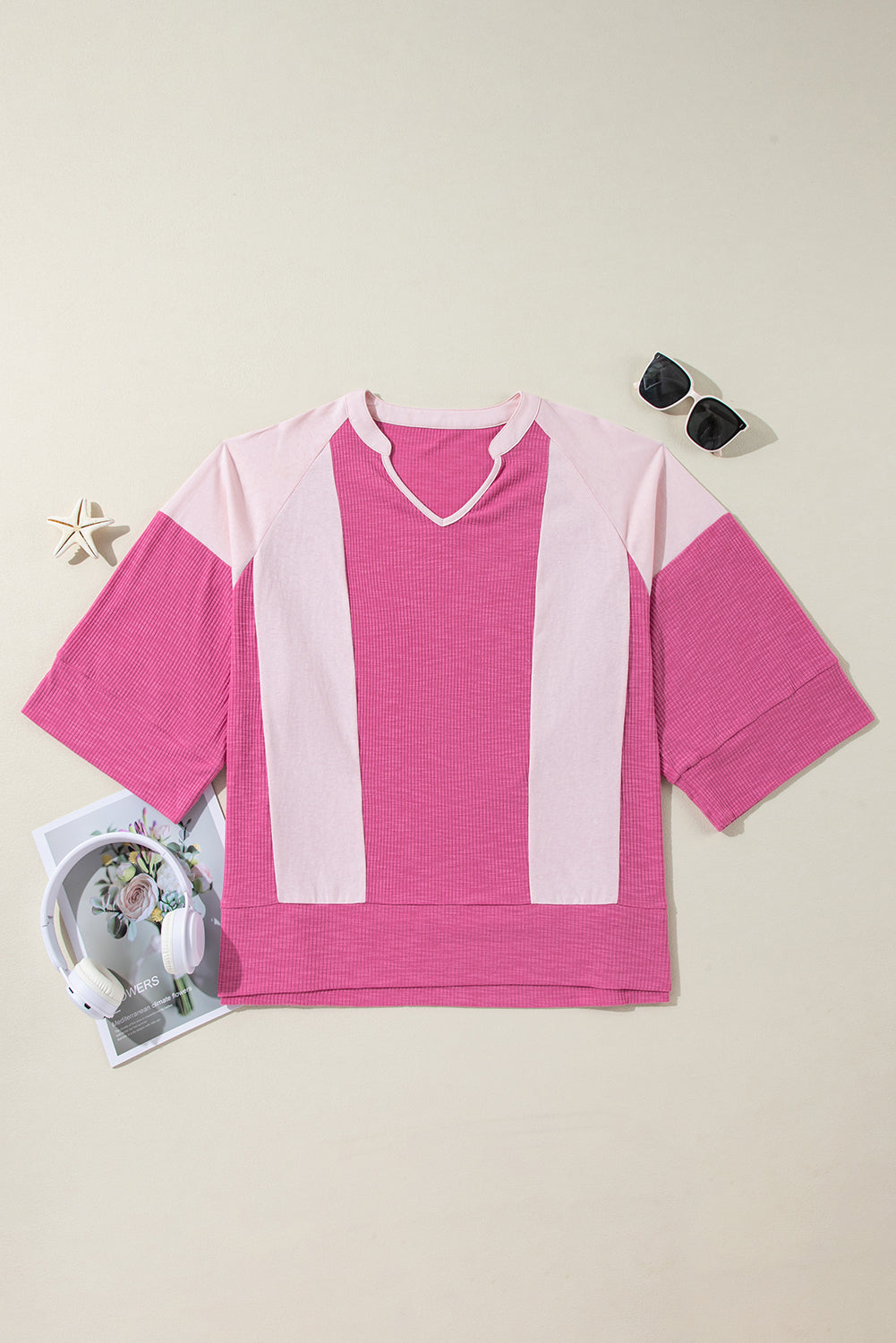 Bright Pink Textured Colorblock 3/4 Sleeve Oversize Top