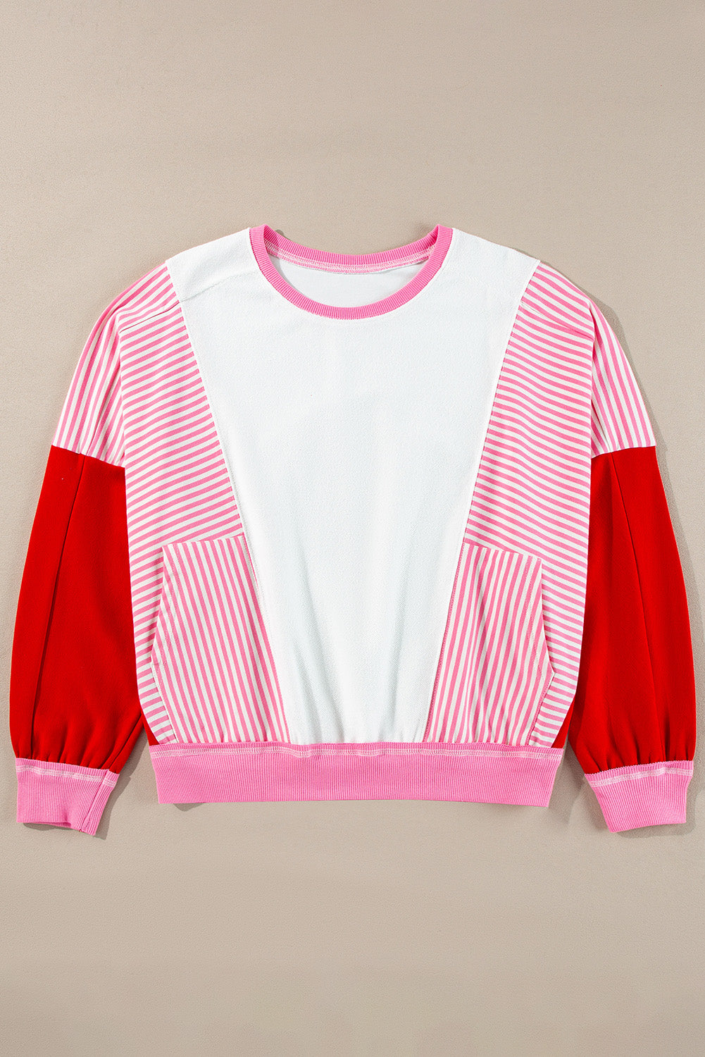 Rose Red Striped Patchwork Batwing Sleeve Pocketed Sweatshirt