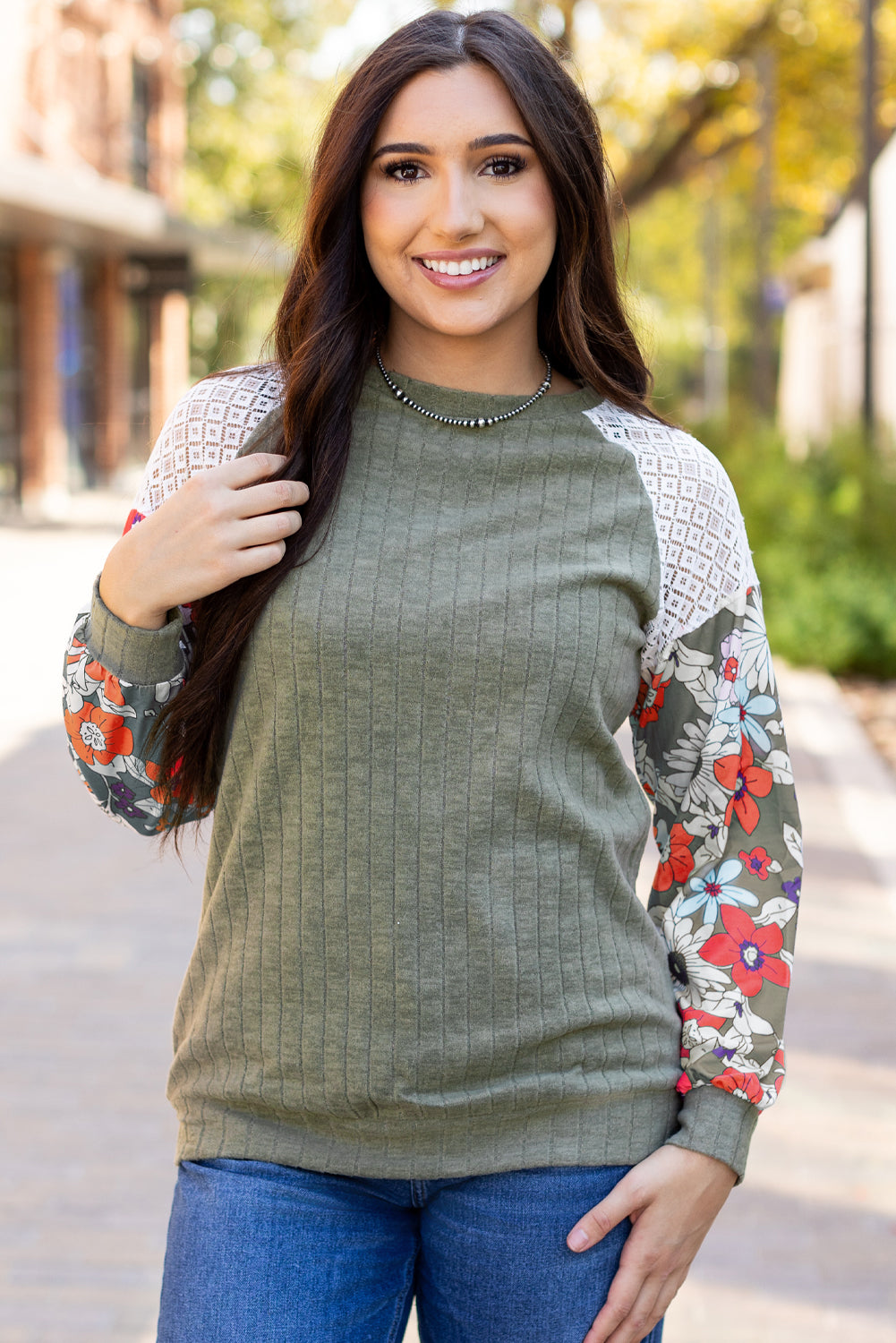 Laurel Green Floral Patchwork Long Sleeve Ribbed Blouse