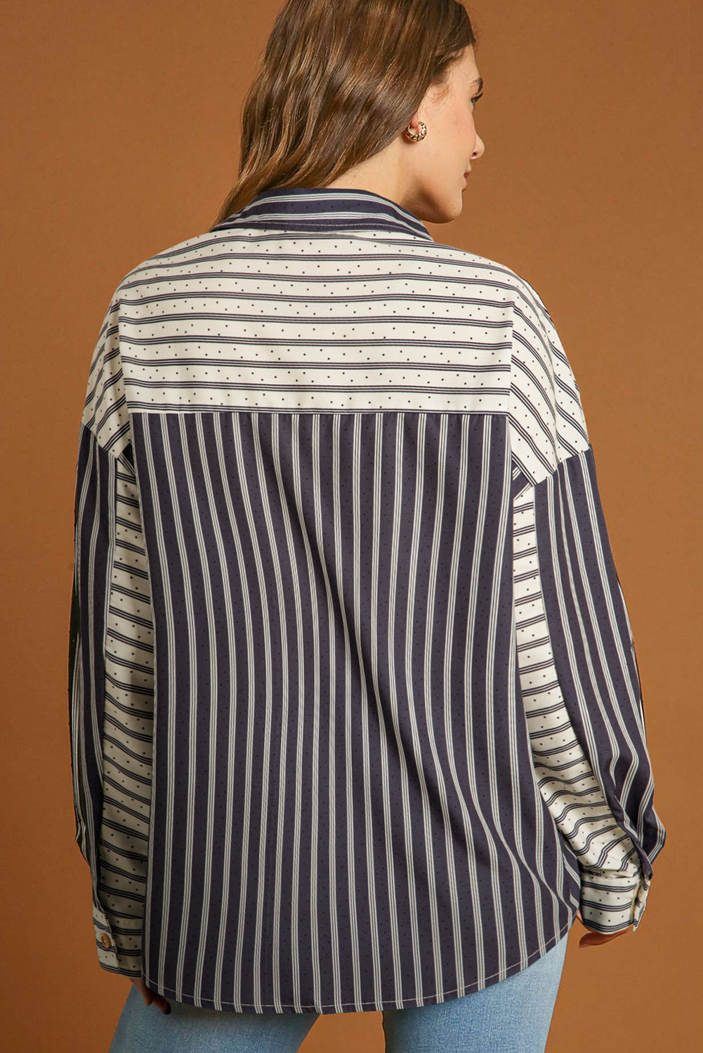 Black Stripe 2-tone Patchwork Half Buttons Chest Pockets Casual Blouse