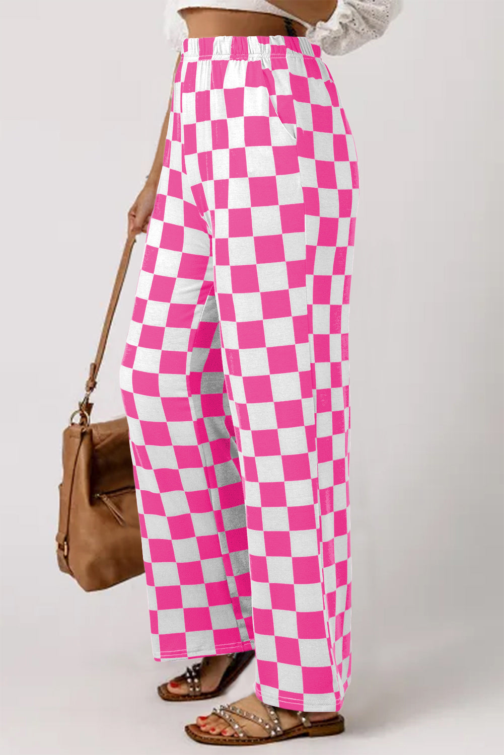 Bonbon 2-Tone Checked Print High Waist Wide Leg Pants