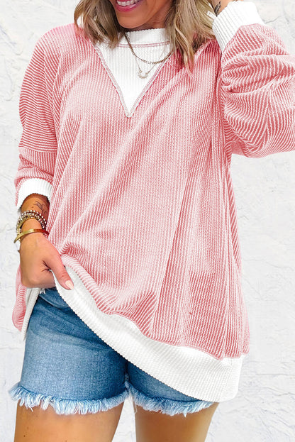 Peach Blossom Corded Colorblock Drop Shoulder Loose Top