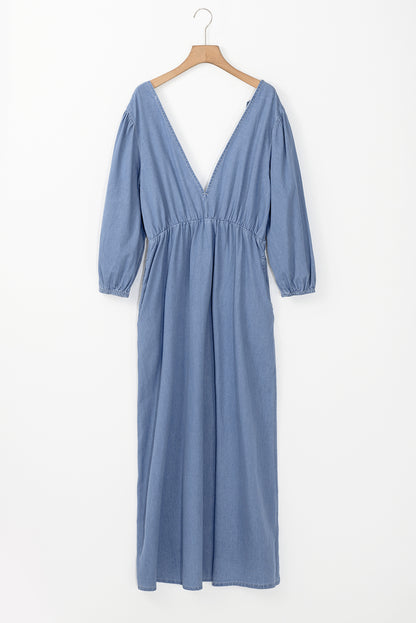 Myosotis Chambray Deep V Neck Bracelet Sleeve Maxi Dress