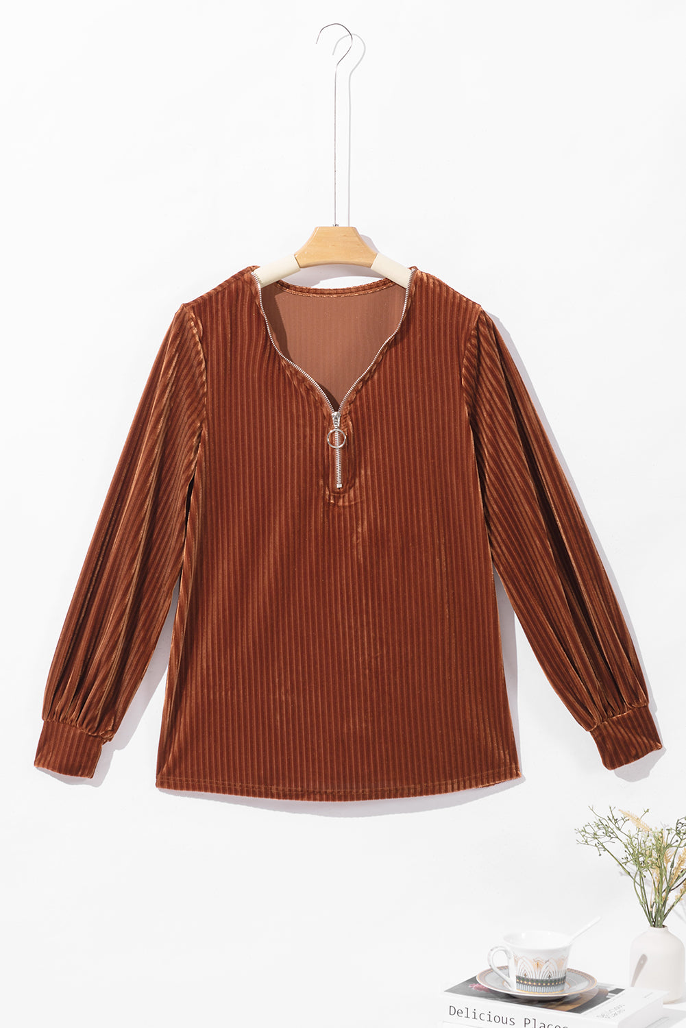 Chestnut Half Zip V Neck Ribbed Velvet Top