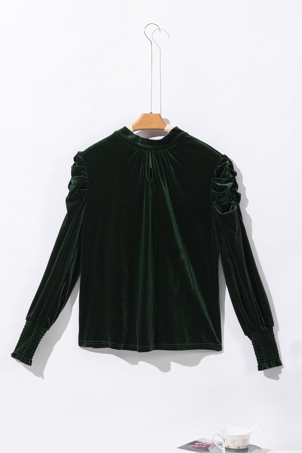 Blackish Green Mock Neck Puff Sleeve Velvet Blouse