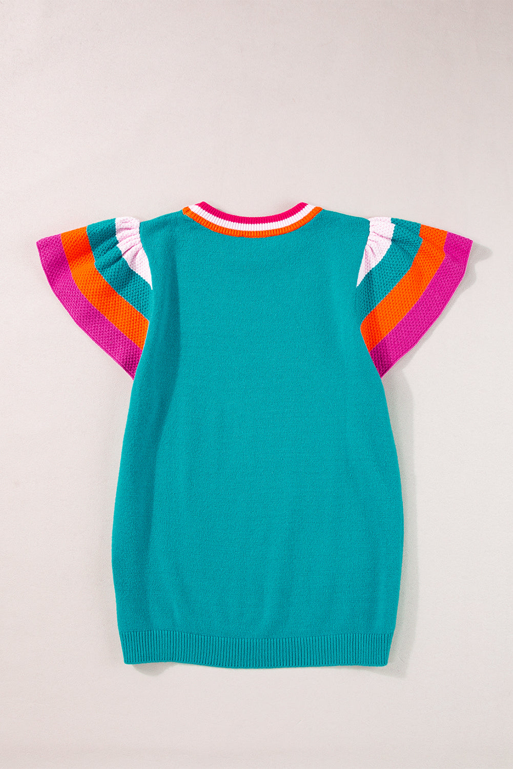 Turquoise Contrast Flutter Sleeves Knitted Sweater T Shirt