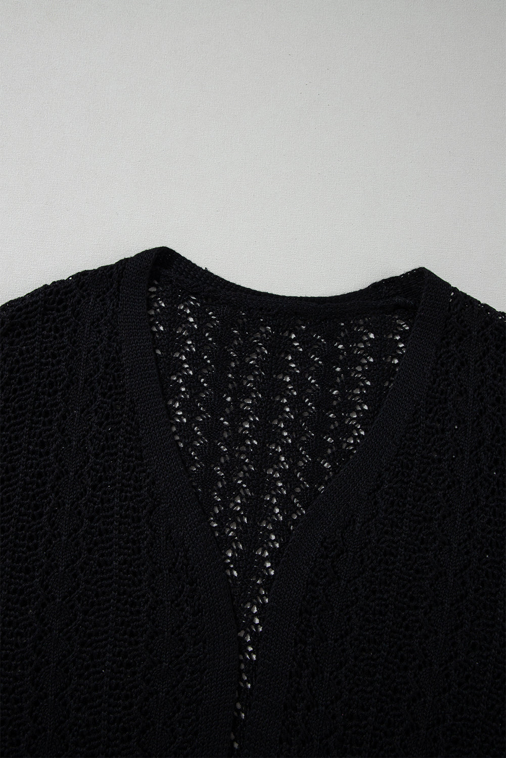 Black Hollow Out Knit Drop Shoulder Open Front Cardigan